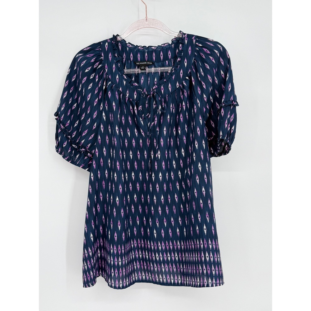 ZAC & RACHEL WOMAN‎ Navy Blue Pink Ikat Print Tie Neck Blouse Top Plus Size 1X